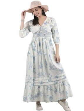 Arayna White and Blue Smocked Long Sleeve Cotton Maxi Dress Size XL